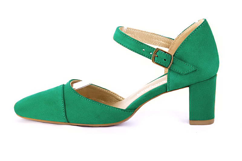Chaussure femme à brides : Chaussure côtés ouverts bride cou-de-pied couleur vert émeraude. Bout rond. Talon mi-haut bottier. Vue de profil - Florence KOOIJMAN