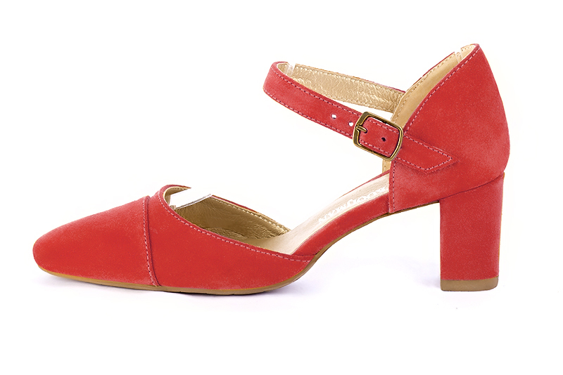 Chaussure femme à brides : Chaussure côtés ouverts bride cou-de-pied couleur rouge coquelicot. Bout rond. Talon mi-haut bottier. Vue de profil - Florence KOOIJMAN