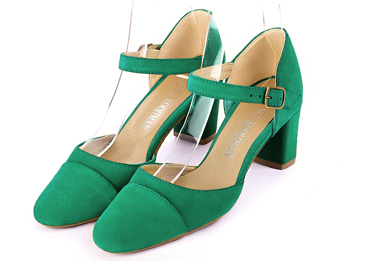 Chaussure femme à brides : Chaussure côtés ouverts bride cou-de-pied couleur vert émeraude. Bout rond. Talon mi-haut bottier Vue avant - Florence KOOIJMAN