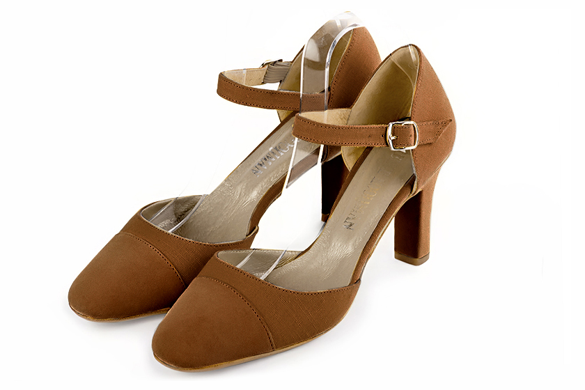 Chaussure femme à brides : Chaussure côtés ouverts bride cou-de-pied couleur marron caramel. Bout rond. Talon haut trotteur Vue avant - Florence KOOIJMAN