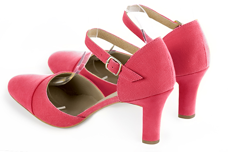 Chaussure femme à brides : Chaussure côtés ouverts bride cou-de-pied couleur rose camélia. Bout rond. Talon haut trotteur. Vue arrière - Florence KOOIJMAN