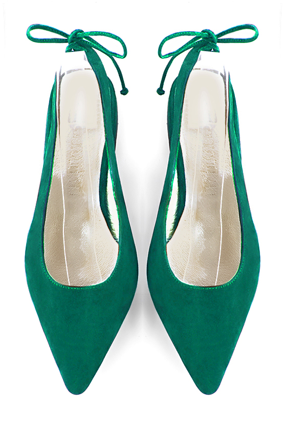 Chaussure femme à brides :  couleur vert émeraude. Bout pointu. Talon plat évasé. Vue du dessus - Florence KOOIJMAN