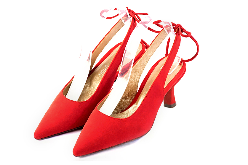 Chaussure femme à brides :  couleur rouge coquelicot. Bout pointu. Talon mi-haut bobine Vue avant - Florence KOOIJMAN