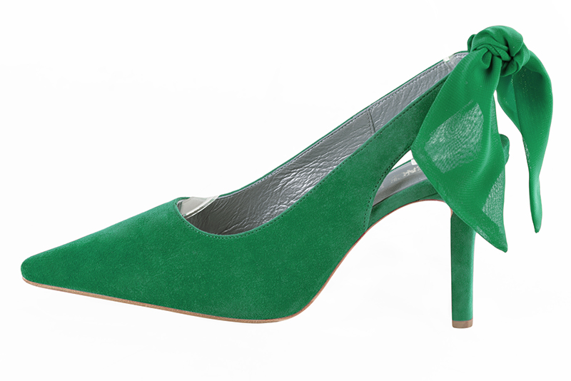 Chaussure femme à brides :  couleur vert émeraude. Bout pointu. Talon haut fin. Vue de profil - Florence KOOIJMAN