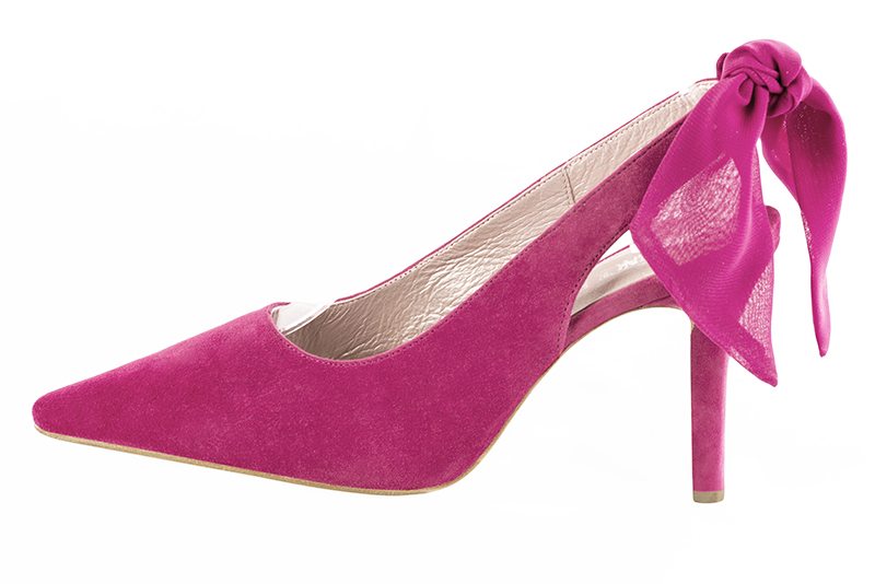 Chaussure femme à brides :  couleur rose fuchsia. Bout pointu. Talon haut fin. Vue de profil - Florence KOOIJMAN