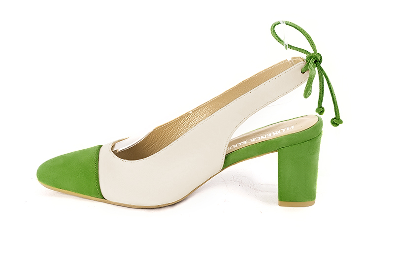 Chaussure femme à brides :  couleur vert anis et blanc cassé. Bout rond. Talon mi-haut bottier. Vue de profil - Florence KOOIJMAN
