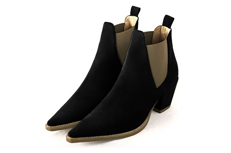 Boots femme : Boots élastiques sur les côtés couleur noir mat et marron taupe. Bout pointu. Talon mi-haut conique Vue avant - Florence KOOIJMAN