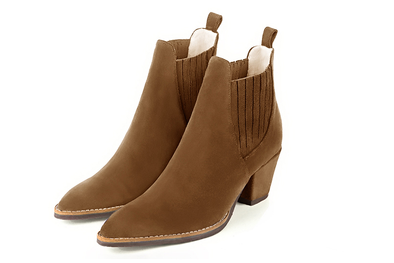 Boots femme : Boots élastiques sur les côtés couleur marron caramel. Bout effilé. Talon mi-haut conique Vue avant - Florence KOOIJMAN