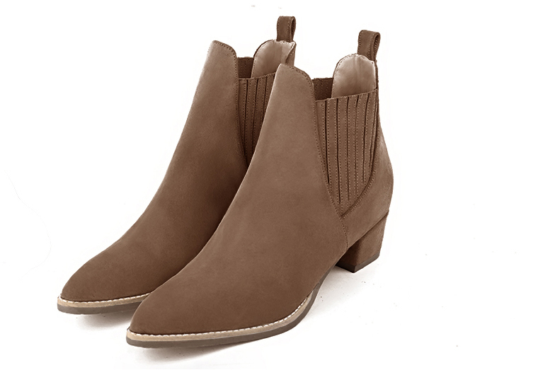 Boots femme : Boots élastiques sur les côtés couleur marron chocolat. Bout effilé. Petit talon conique Vue avant - Florence KOOIJMAN