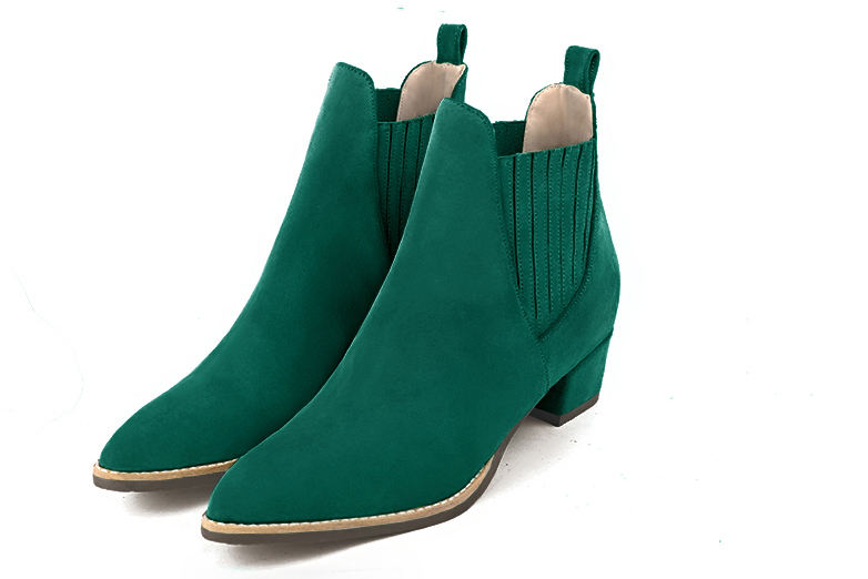Boots femme : Boots élastiques sur les côtés couleur vert émeraude. Bout effilé. Petit talon conique Vue avant - Florence KOOIJMAN