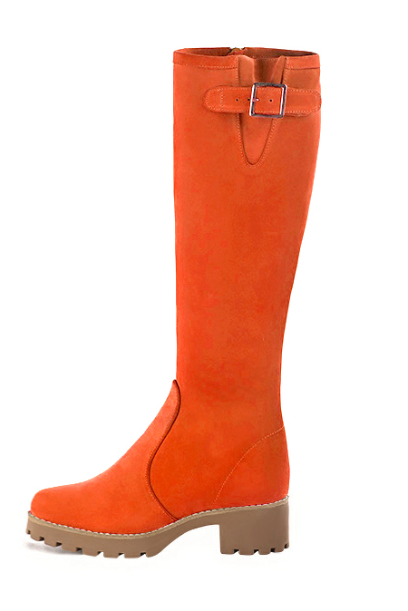 Botte femme : Bottes femme avec des boucles sur mesures couleur orange clémentine.. Vue de profil - Florence KOOIJMAN