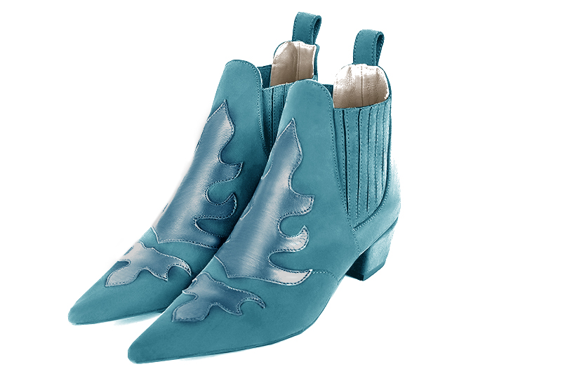 Boots femme : Boots bicolores élastiques sur les côtés couleur bleu canard. Bout pointu. Petit talon conique Vue avant - Florence KOOIJMAN