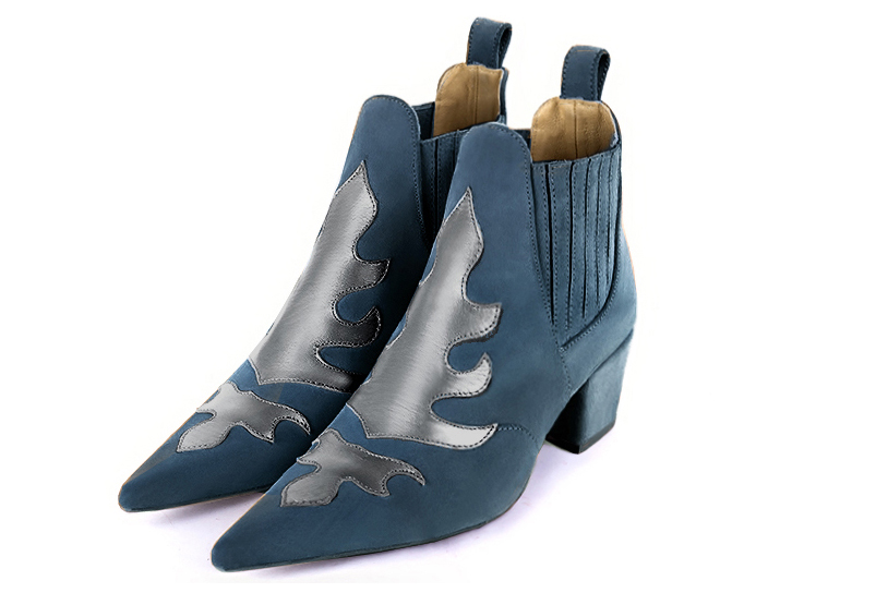 Boots femme : Boots bicolores élastiques sur les côtés couleur bleu canard et gris tourterelle. Bout pointu. Talon mi-haut conique Vue avant - Florence KOOIJMAN