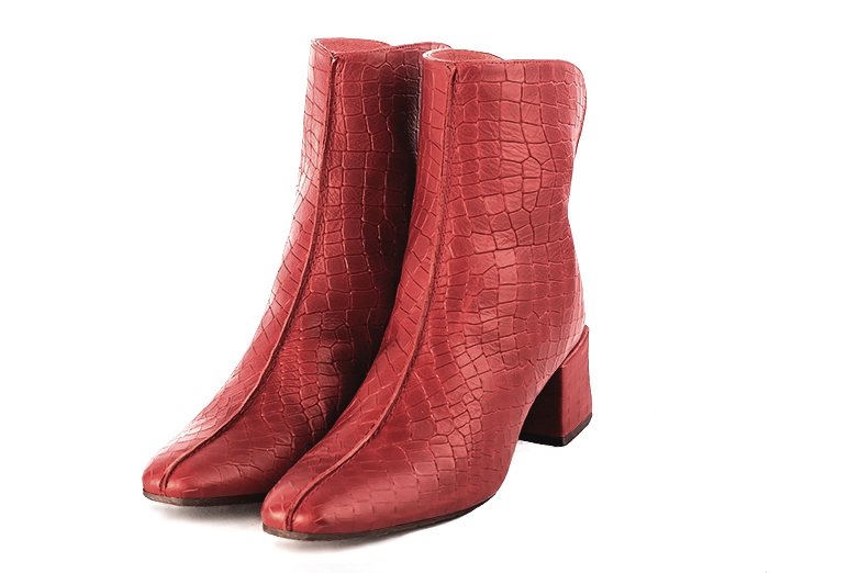 Boots femme : Boots fermeture éclair à l'arrière couleur rouge coquelicot. Bout carré. Talon mi-haut bottier Vue avant - Florence KOOIJMAN