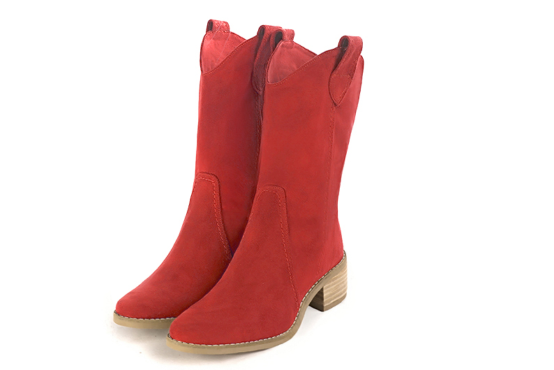 Boots femme : Boots fermeture éclair à l'intérieur couleur rouge coquelicot. Bout rond. Semelle cuir petit talon Vue avant - Florence KOOIJMAN