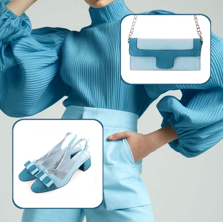 Escarpins bride arrière avec un noeud et pochette pour cérémonie assortis à une tenue bleu canard et bleu ciel