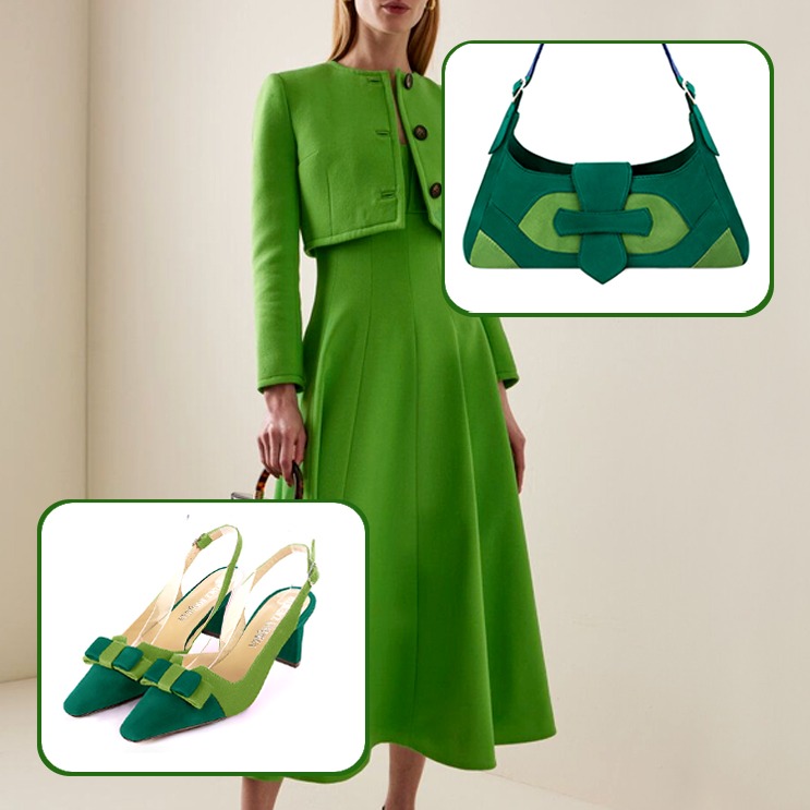 Escarpins bride arrière avec un noeud et luxueux sac à main assortis à une tenue vert émeraude et vert anis.
