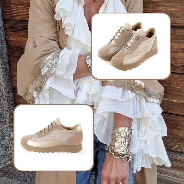 Baskets femme et ceinture beige sahara et or