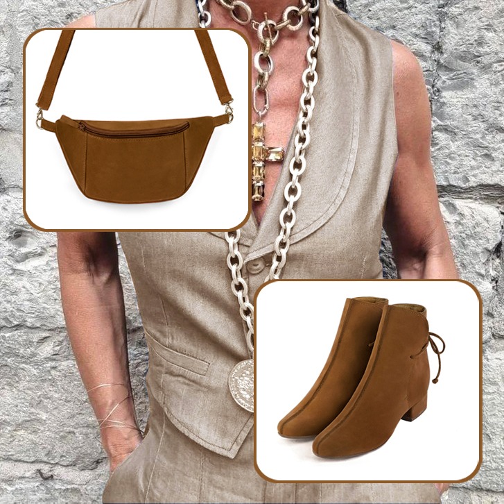 Bottines habillées femme lacets arrière et pochette mariage cérémonie assorties à une tenue marron caramel