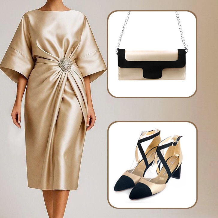 Chaussures à brides femme et pochette noir mat et or