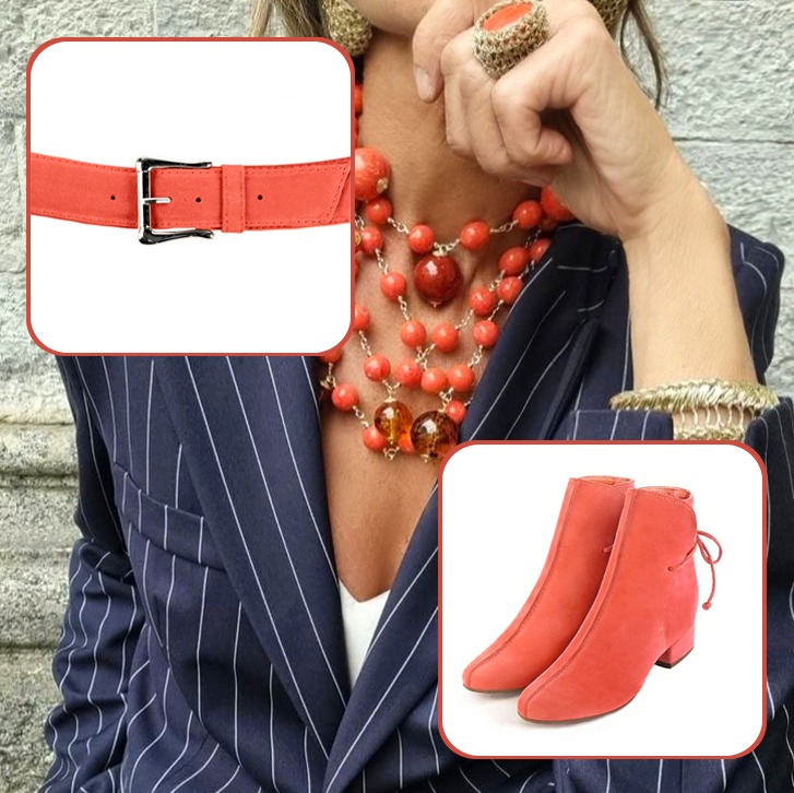 Bottines habillées femme lacets arrière et ceinture sur mesure assorties à une tenue saumon et orange clémentine