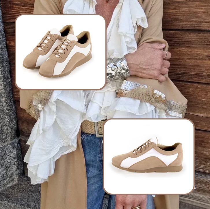 Elégantes baskets femme et luxueux sac à main assortis à une tenue beige sahara et blanc cassé.