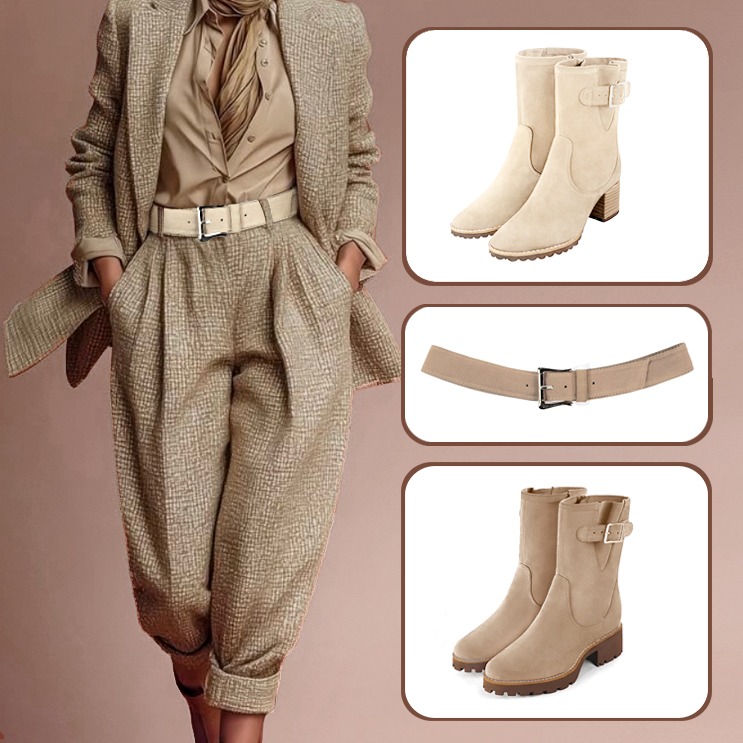 Bottines femme, bottines femme et ceinture beige vanille et beige sahara