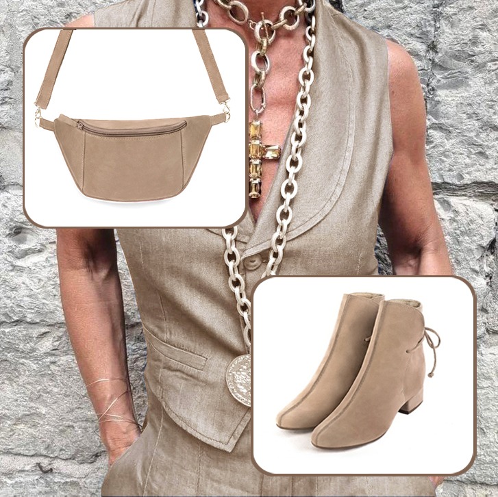 Ensemble bottines femme et pochette beige sahara