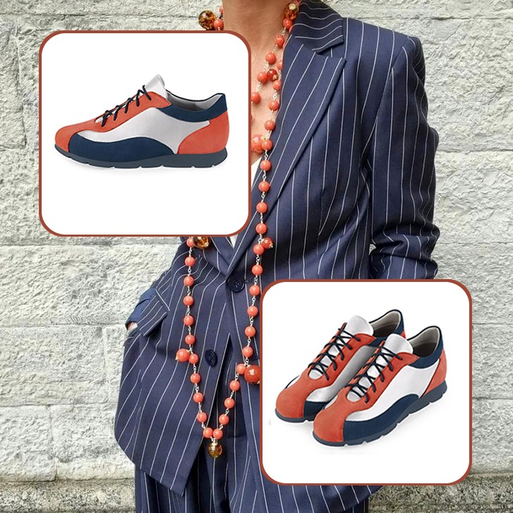 Ceinture femme sur mesure et élégantes baskets pour une tenue orange corail, argent et bleu marine