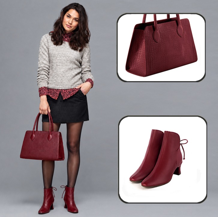 Bottines habillées femme lacets arrière et sac cabas assortis à une tenue en cuir bordeaux