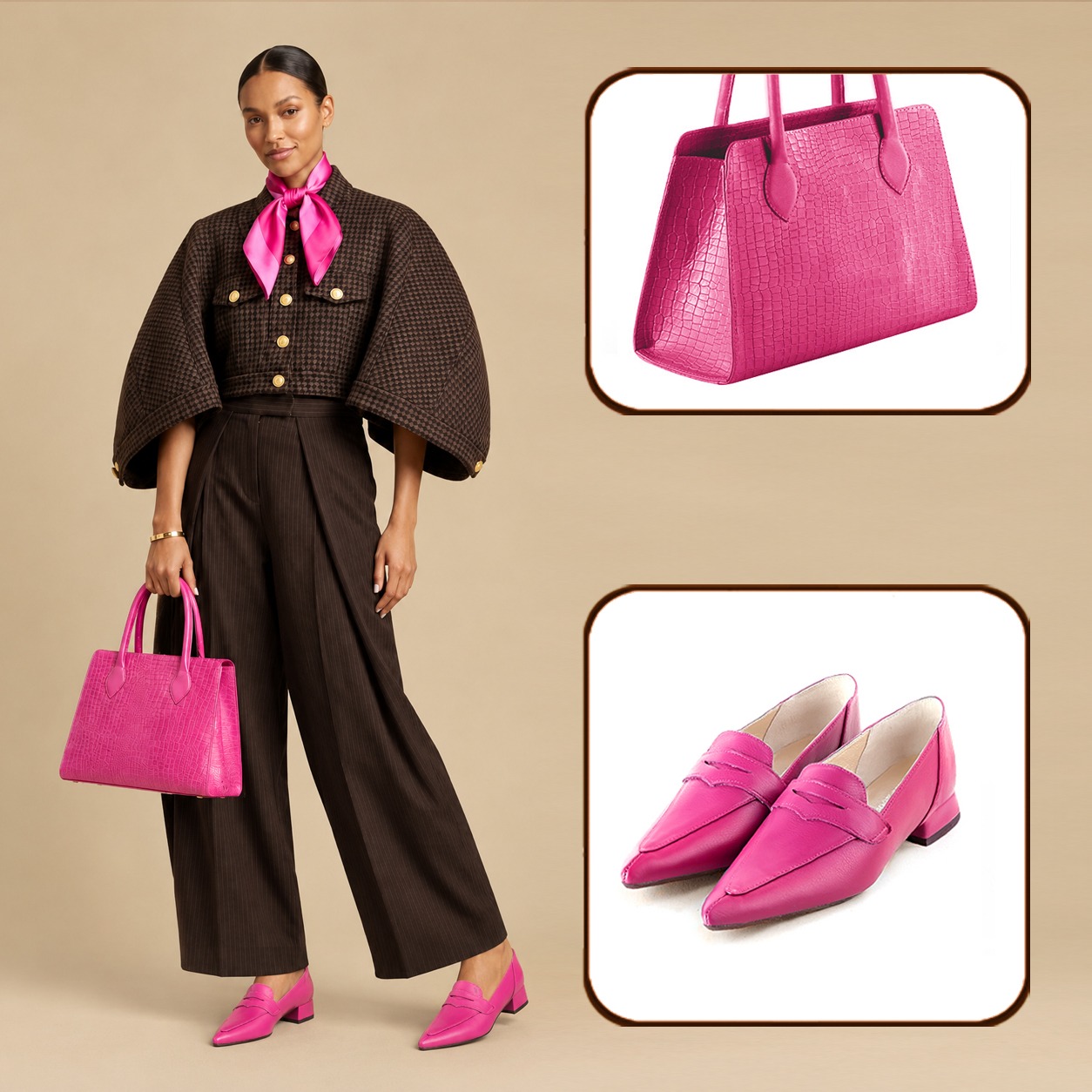 Mocassins habillés femme et sac cabas assortis à une tenue en cuir fuchsia