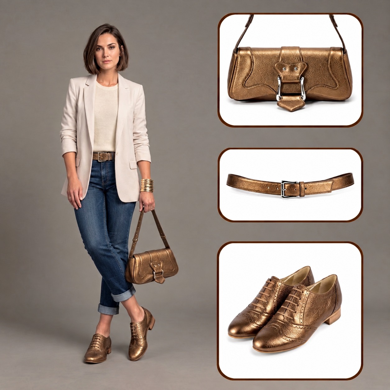 Chaussures à lacets habillées femme et sac baguette assortis à une tenue en cuir camel