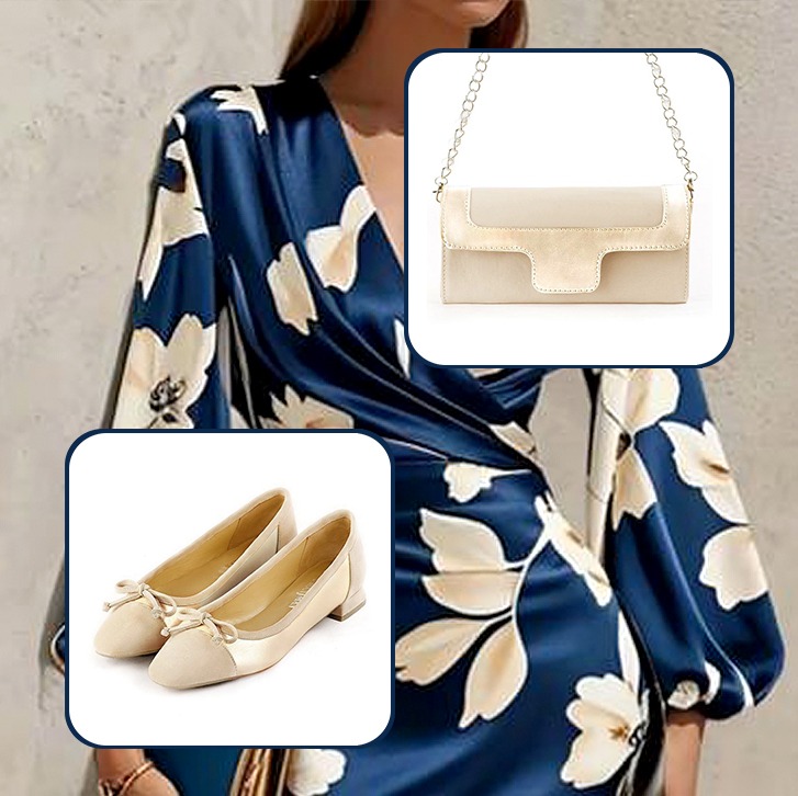 Ballerines petits talons et pochette pour cérémonie assorties à une tenue blanc ivoire et or.