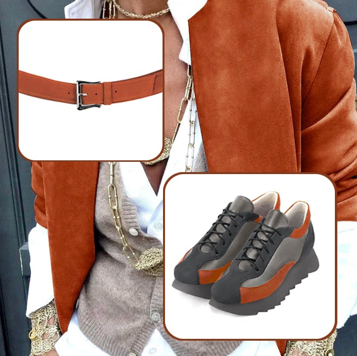 Elégantes baskets femme et ceinture sur mesure assorties à une tenue gris acier, gris cendre et orange corail.
