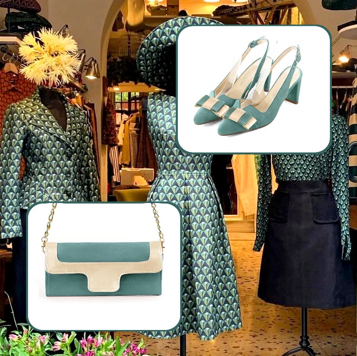 Ensemble chaussures à brides femme et pochette vert pastel et or