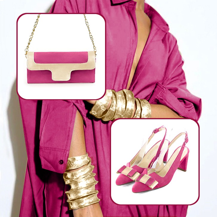 Escarpins bride arrière avec un noeud et pochette pour cérémonie assortis à une tenue rose fuchsia et or.