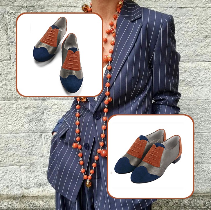 Elégantes chaussures à lacets femme et ceinture sur mesure assorties à une tenue bleu marine, marron taupe et orange corail.