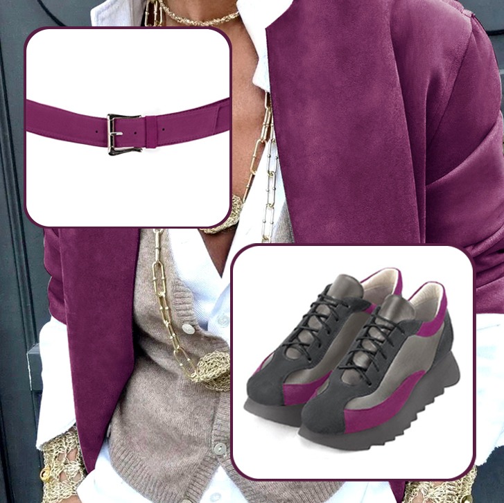 Elégantes baskets femme assorties à une tenue gris acier, gris cendre et violet myrtille.