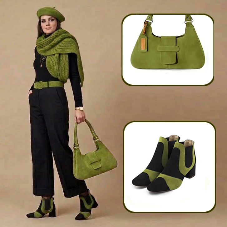 Bottines habillées femme bicolores avec élastiques et sac porté à l'épaule assortis à une tenue en cuir noir mat et vert pistache