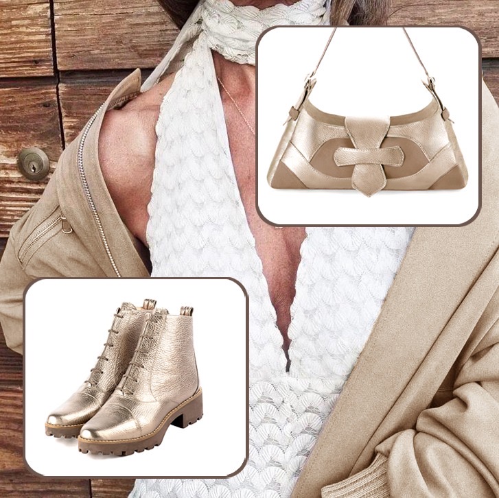 Bottines femme et sac à main or et beige sahara