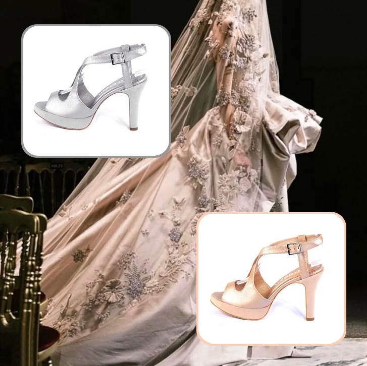 Sandales brides croisées femme assorties à une tenue rose poudré et argent.