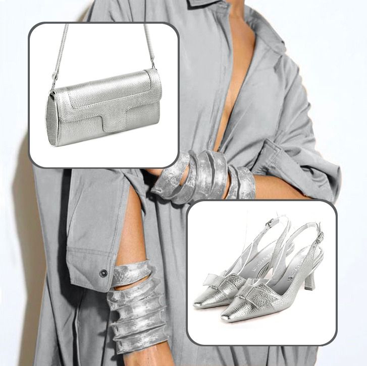 Escarpins nœud habillés bride arrière et pochette mariage cérémonie assortis à une tenue argent