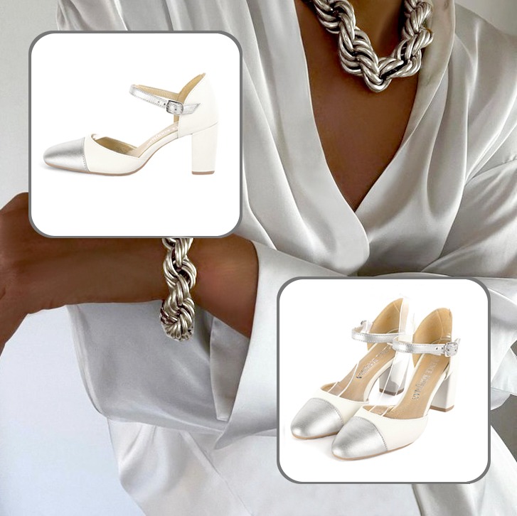 Chaussures bride cou-de-pied femme et pochette pour cérémonie pour une tenue argent, blanc cassé et blanc pur