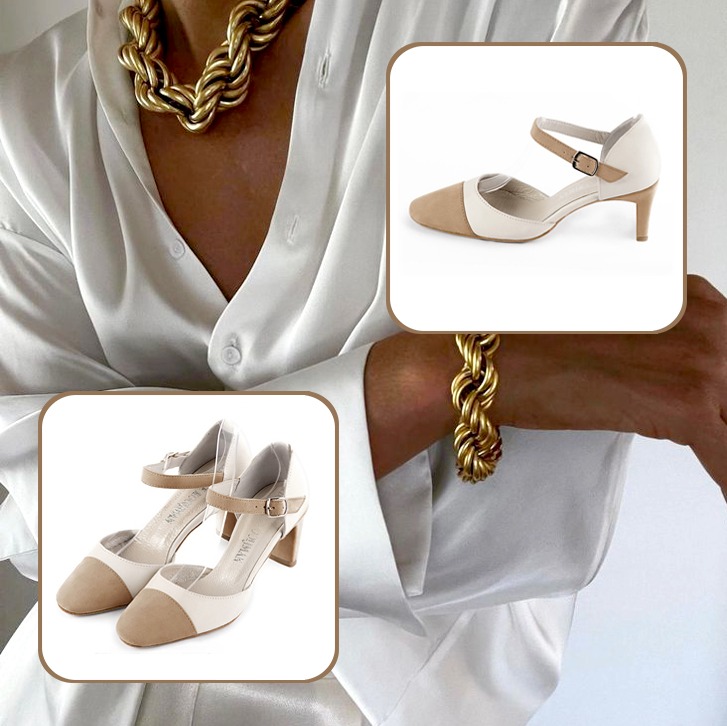 Escarpins bride cou-de-pied femme et luxueux sac à main assortis à une tenue beige sahara et blanc cassé