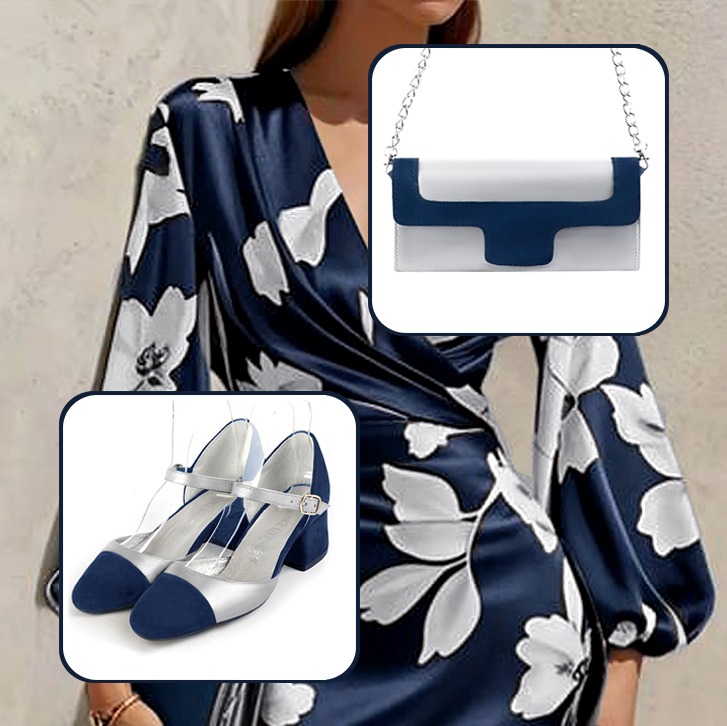 Chaussures bride cou-de-pied femme et pochette pour cérémonie pour une tenue bleu marine et argent