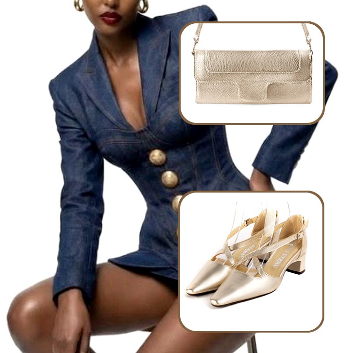 Chaussures brides croisées femme et pochette pour cérémonie pour une tenue or