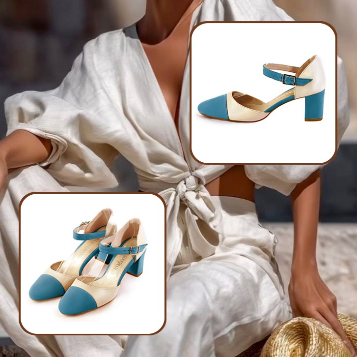 Escarpins bride cou-de-pied femme assortis à une tenue bleu canard et blanc ivoire