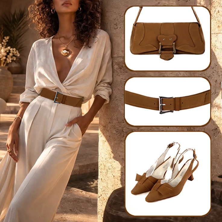 Escarpins nœud habillés bride arrière, sac baguette et ceinture sur mesure assortis à une tenue marron caramel