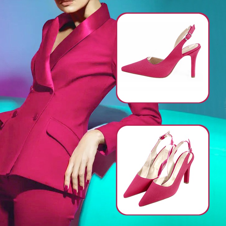 Escarpins bride arrière et luxueux sac à main pour une tenue rose fuchsia