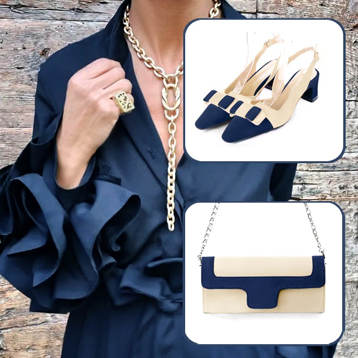 Ensemble chaussures à brides femme et pochette bleu marine et beige vanille